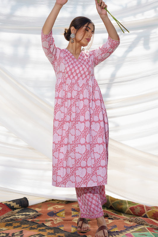Nazakat Pink Cotton Block Print Kurta Set