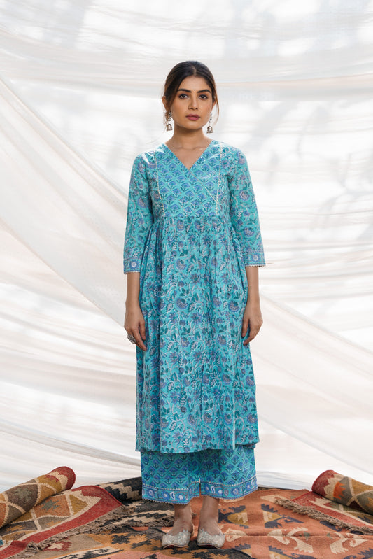 Nazakat Turquoise Cotton Block Print Kurta Set