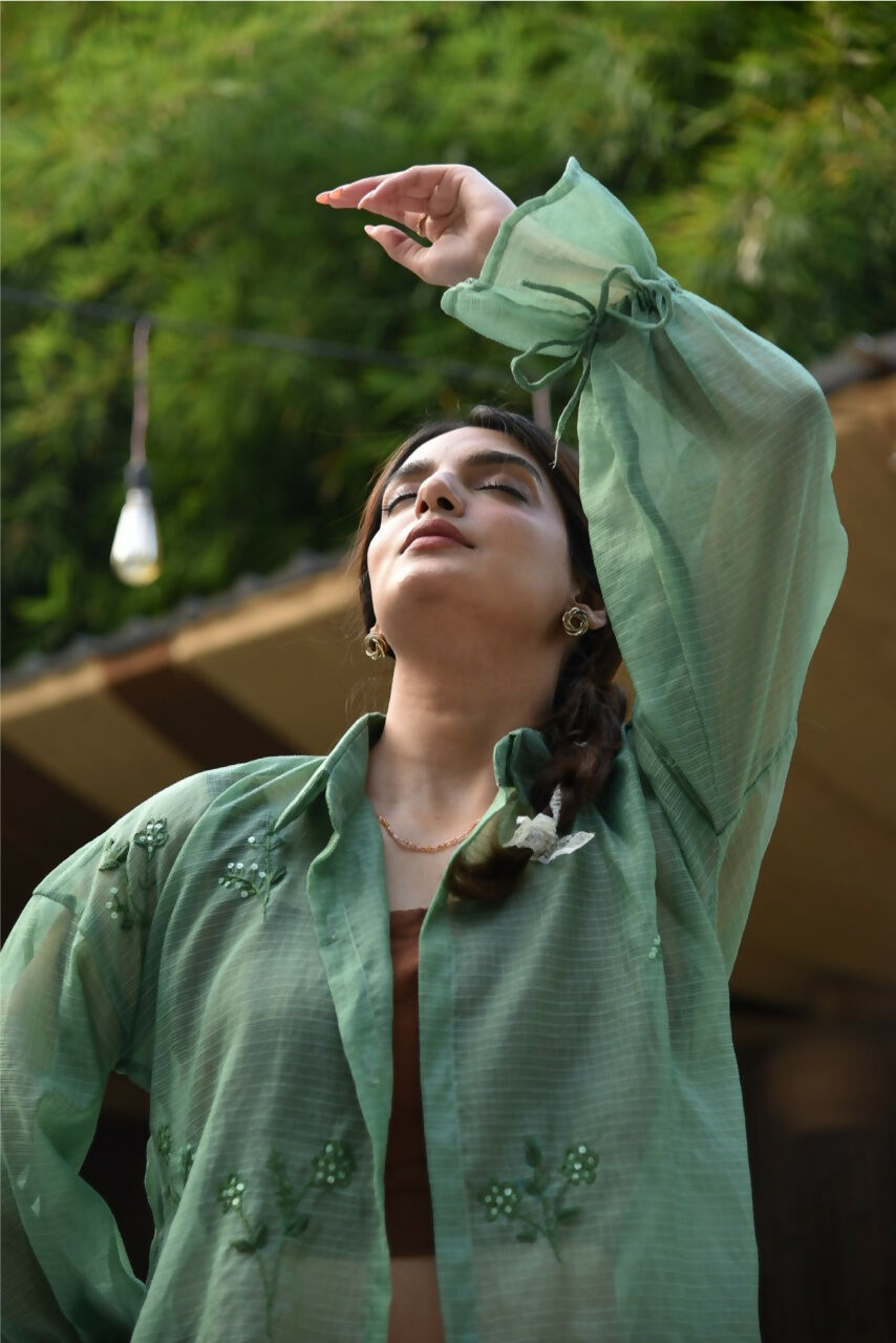 kota doria shirt with hand embroidery and sequins Large