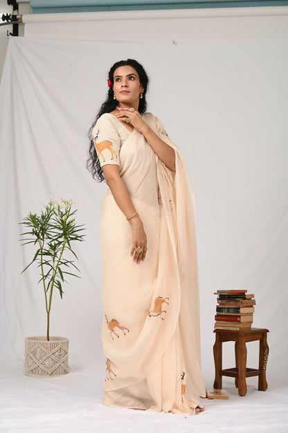 Beige Organza Reindeer Saree