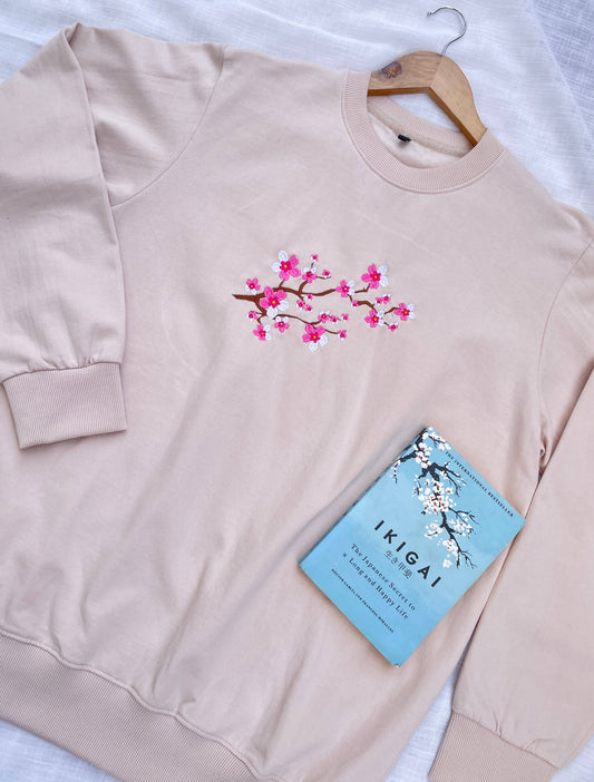 Sakura Embroidered Beige Sweatshirt