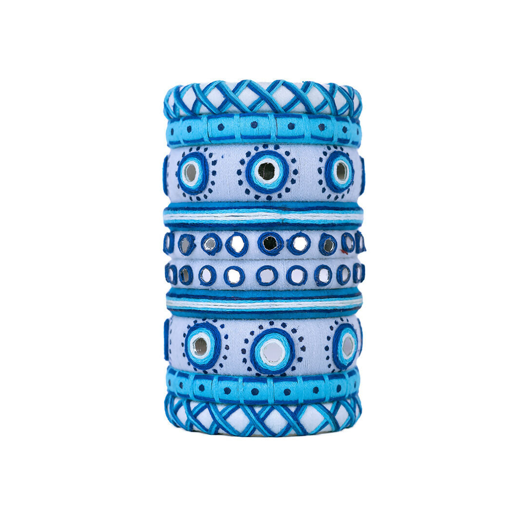 Yamuna White & Blue Mirror Work Bangle Set