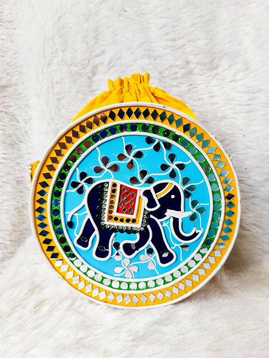 Indie Elephant Lippan Art Handcrafted Round Potli Bag with Sling