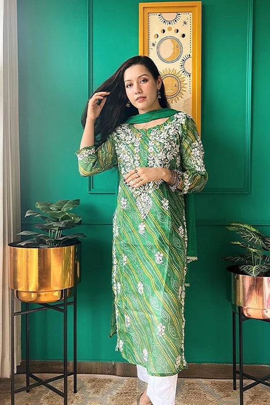 Ulfat Panna Green Bandhej-Chikan Kurta