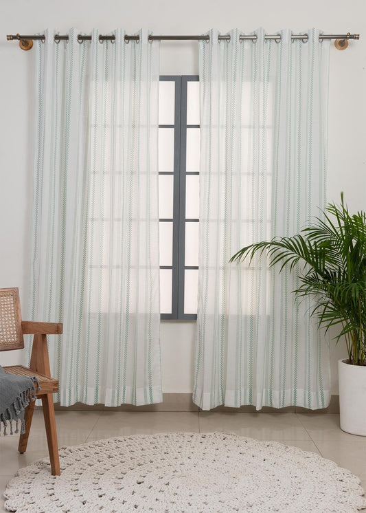 Light Filtering - Green Picket Fence Cotton Sheer Curtain