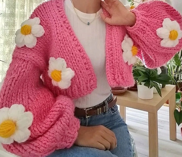 Crochet Daisy Woolen Cardigan Pink XS