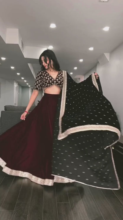 Hand Embroidered Velvet Lehenga Set