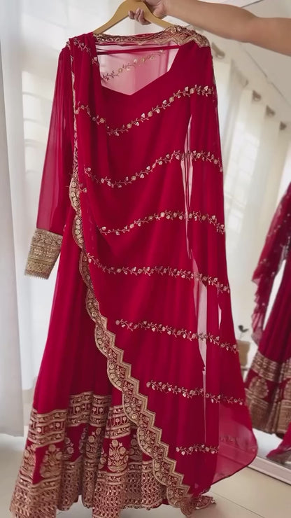 Elegant Red Anarkali Suit with Zari & Sequin Embroidery