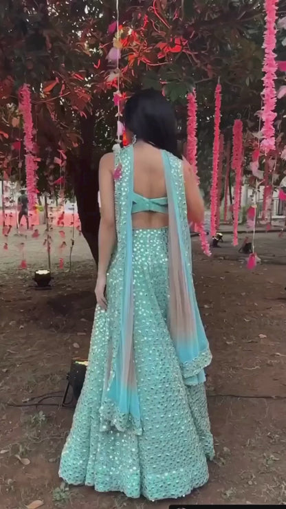 Blue Mirror And Chikankari Lehenga Set