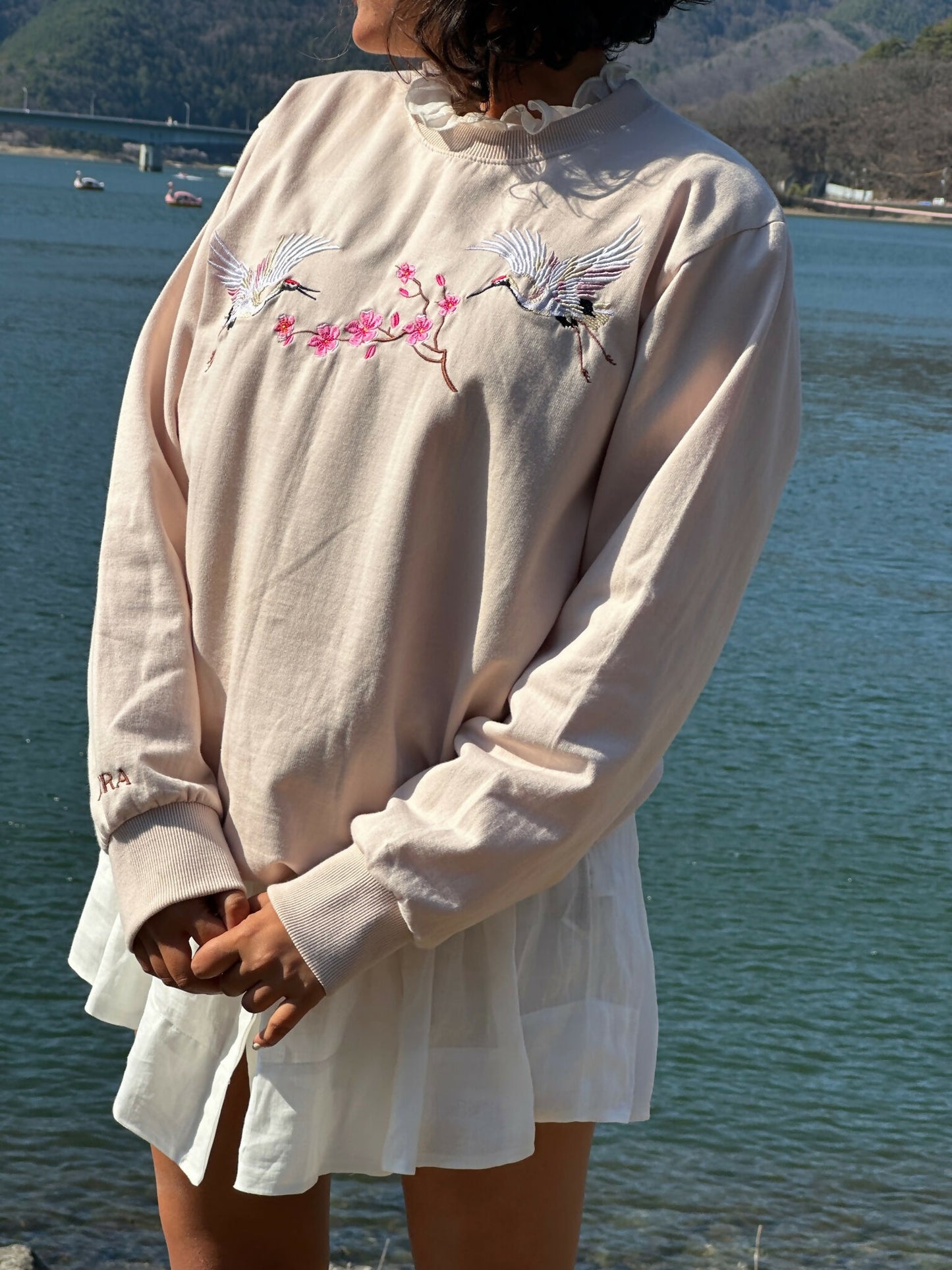 Crown Crane Beige Embroidered Sweatshirt