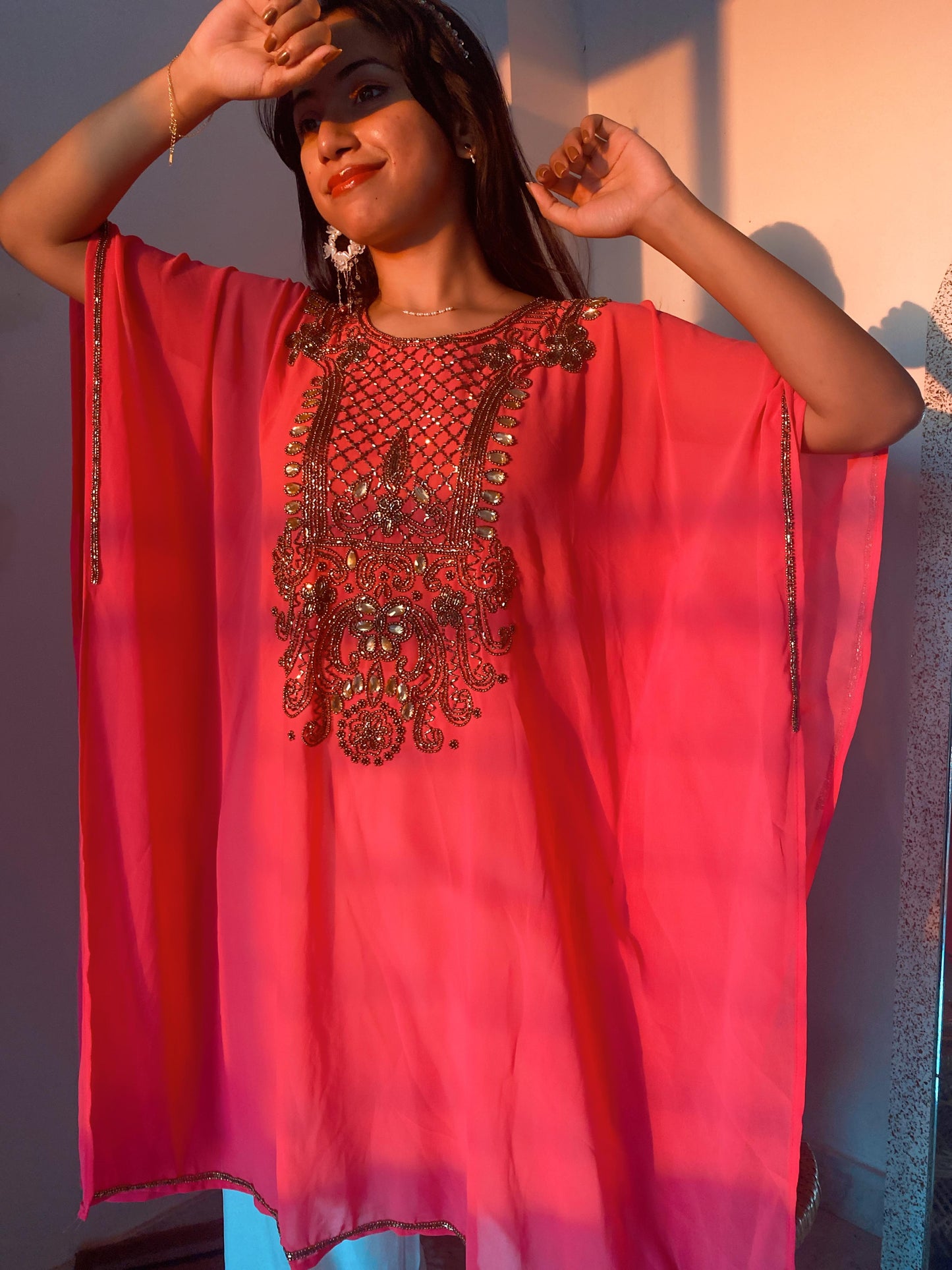 Nargish Fuchsia Pink Georgette Short Kaftan