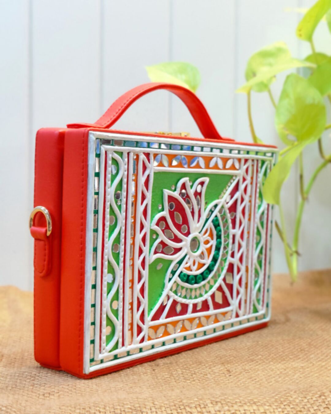 Green Lotus Rectangle Box Bag Lippan Art Handcrafted