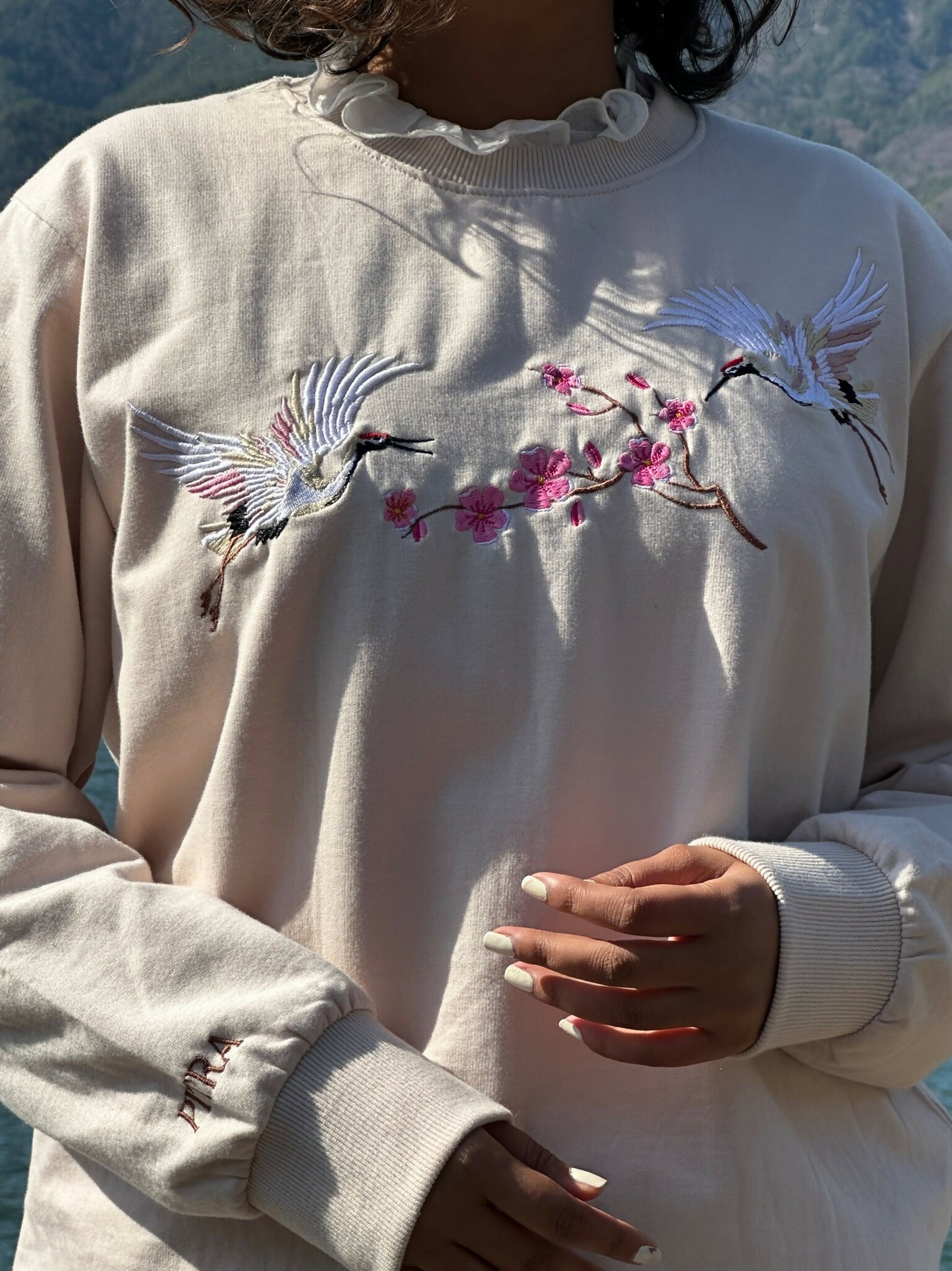 Crown Crane Beige Embroidered Sweatshirt