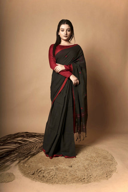 Nocturne I Black Cotton Saree With Red Heart Motifs