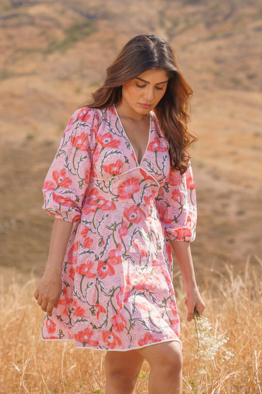 Sharleez Pink Cotton Block Print Short Midi Dress