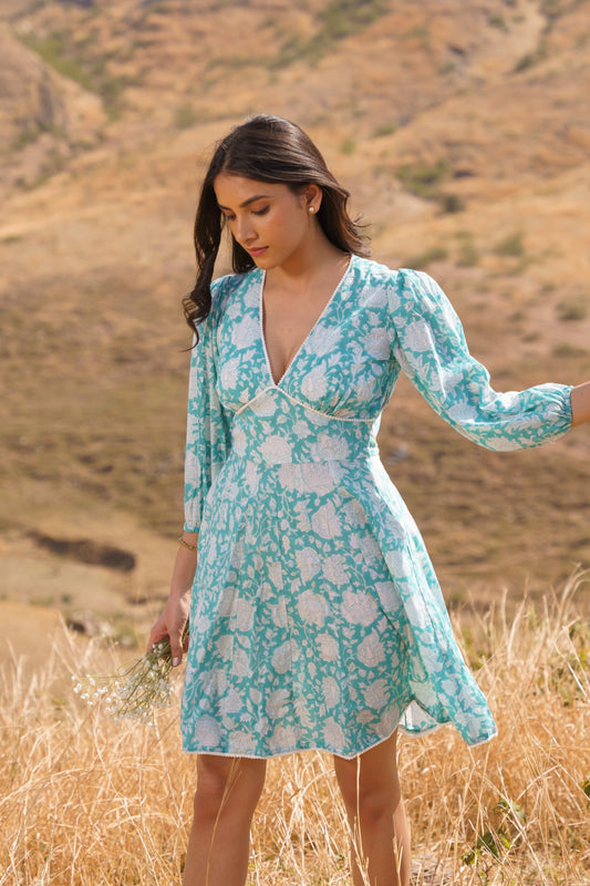 Sharleez Turquoise Cotton Block Print Midi Dress