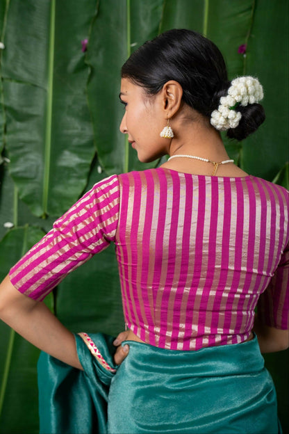 Indira Pink Chanderi Striped Elbow Sleeve Blouse with V Neck