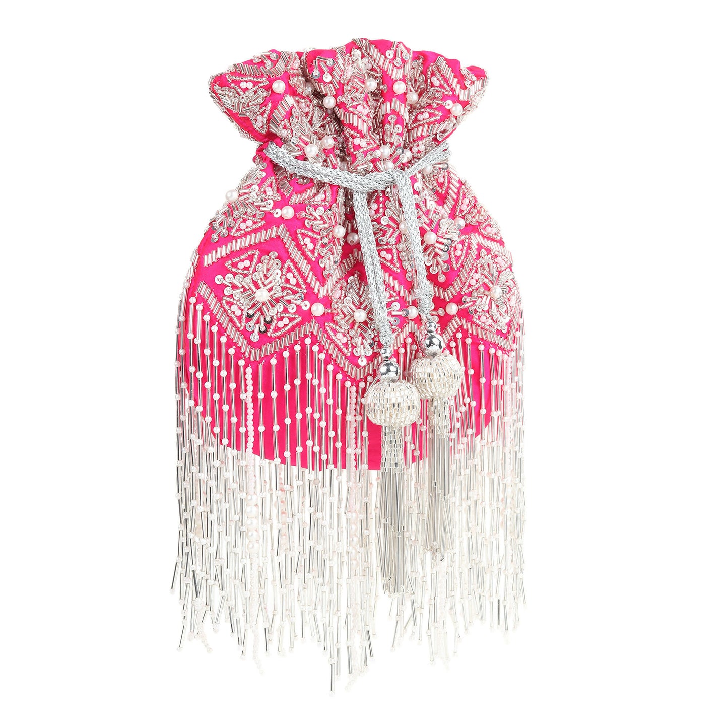 Fuchsia Silver Tassel Silk Potli