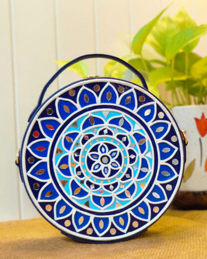 Geometric Blue Base Mandala Lippan Art Handcrafted Circle Box Bag