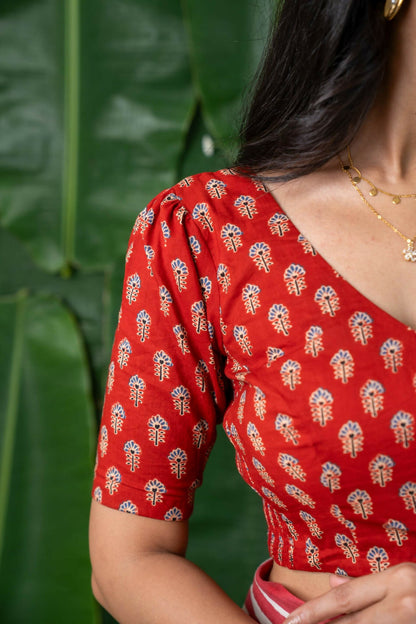 Vasudha CurveFit Stretchable Cotton Red Printed Blouse