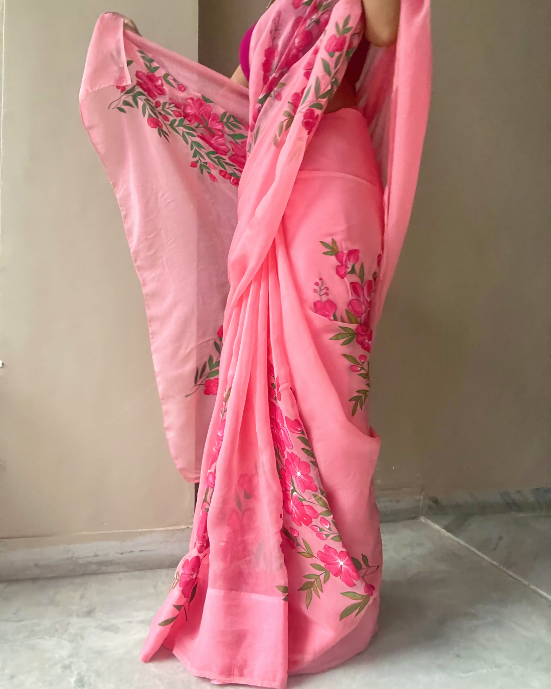 deep pink 'gulbaag' hand-painted saree (1)