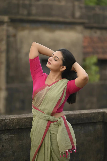 Pink Border Handwoven Mulmul Cotton Saree