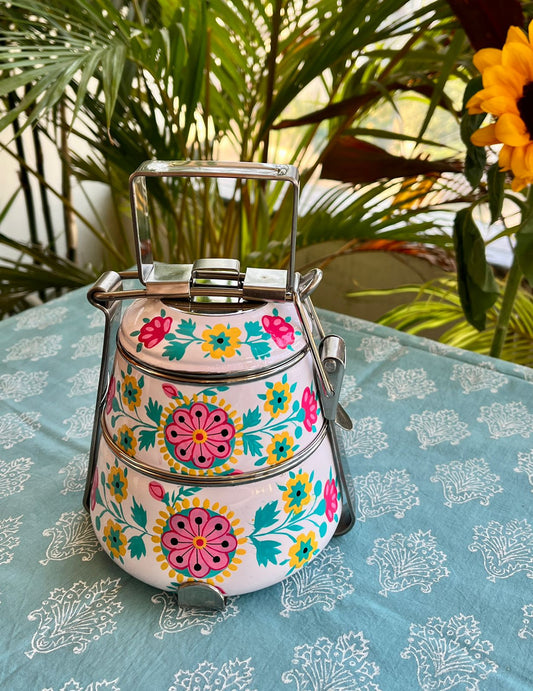 White Hand Painted 2 Tier Stainless Steel Tiffin