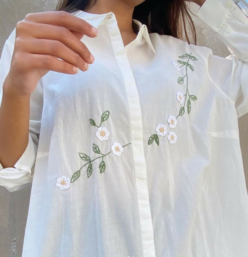 hand embroidered with crochet flowers