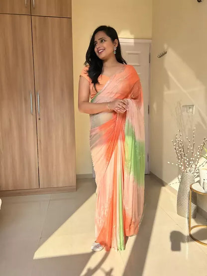 Rani Tri Color Chiffon Saree