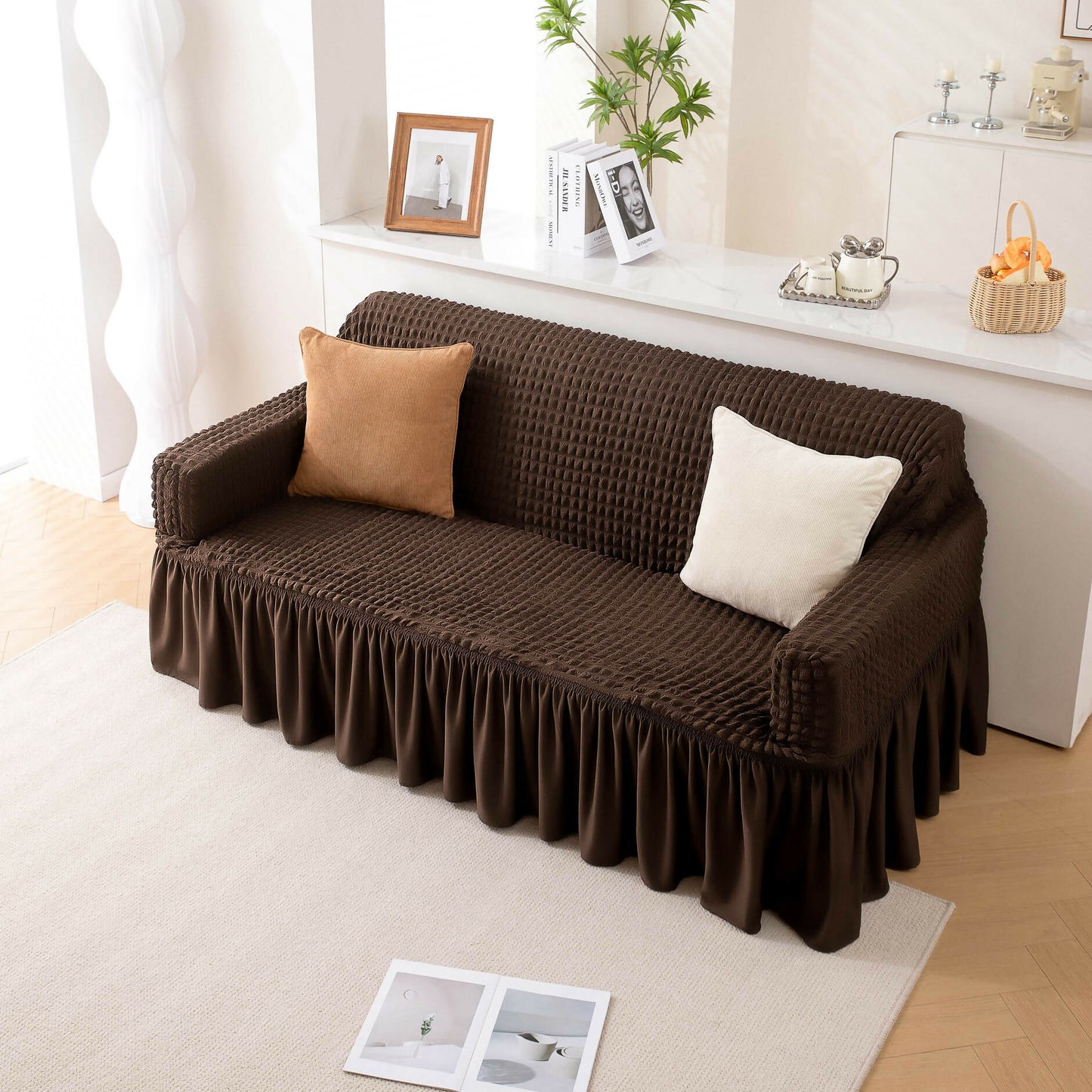 Stretchable Turkish Sofa Cover with Bubble Fabric & Frill