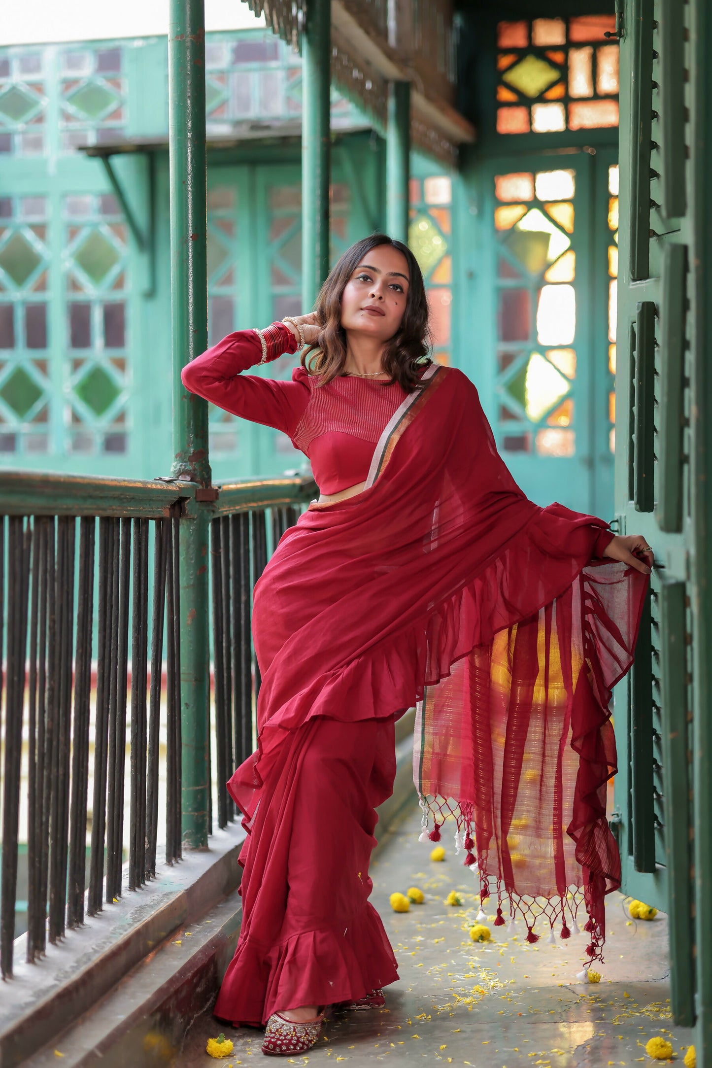 Maroon Ruffle Ishq Saree