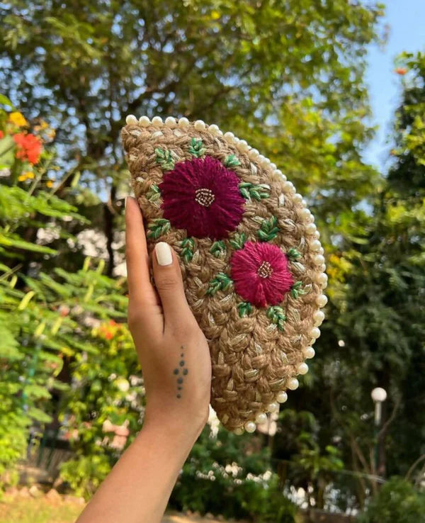 Dual Flower Embroidered Half Moon Clutch