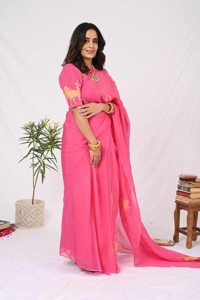 Pink Organza Reindeer Saree