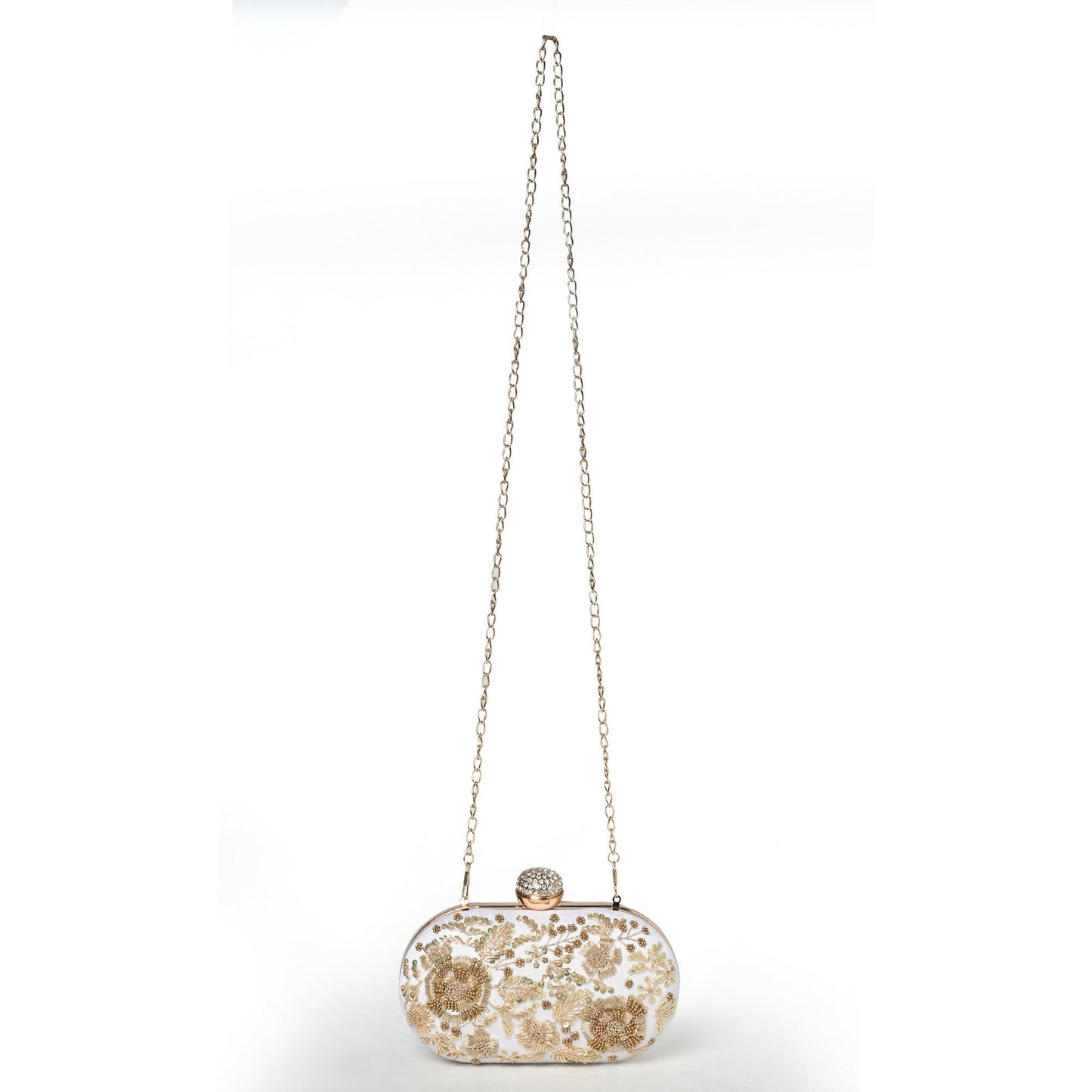 Dazzling White Dabka Oval Clutch: Classic Elegance