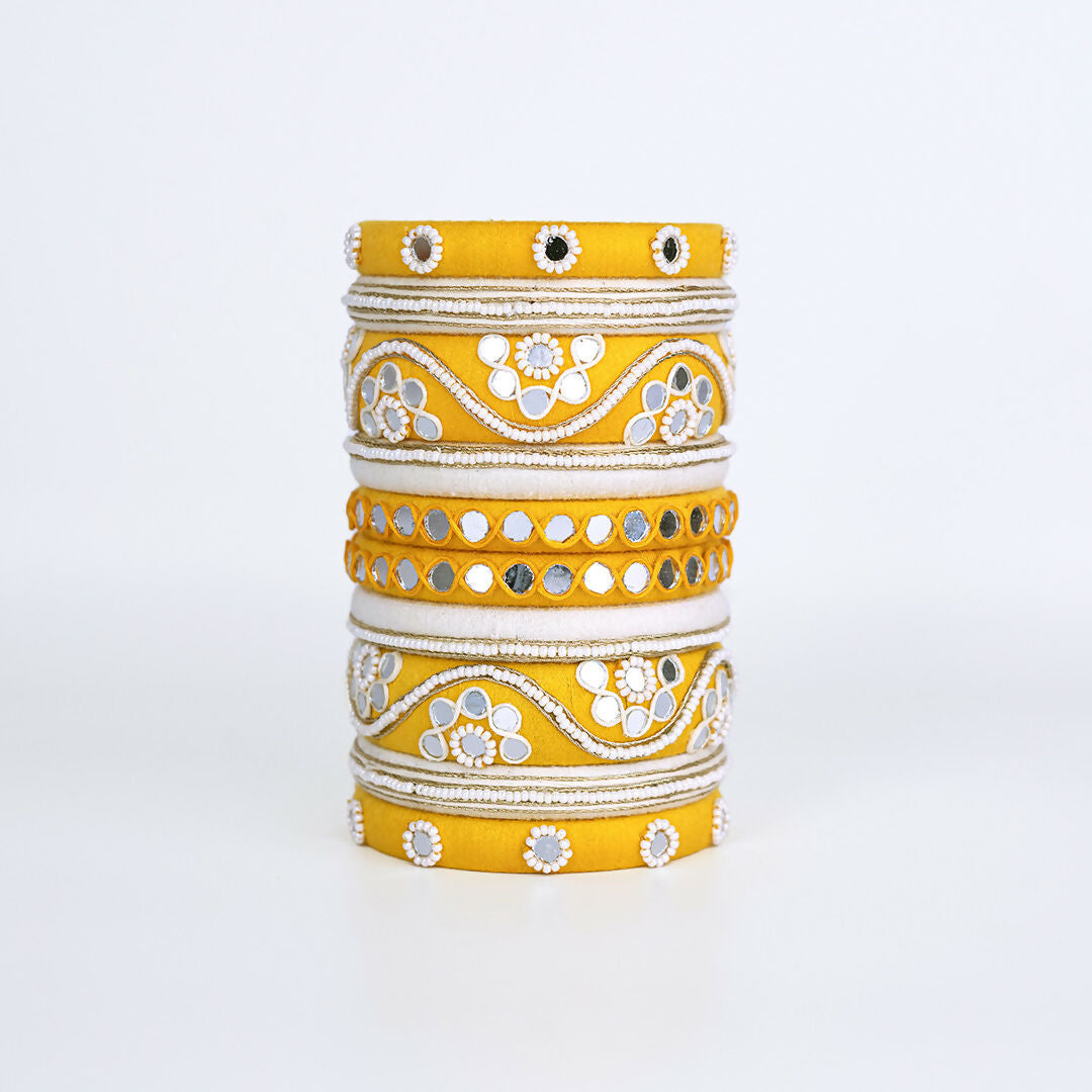 Peethi Yellow Beaded Mirror Work Bangle Set