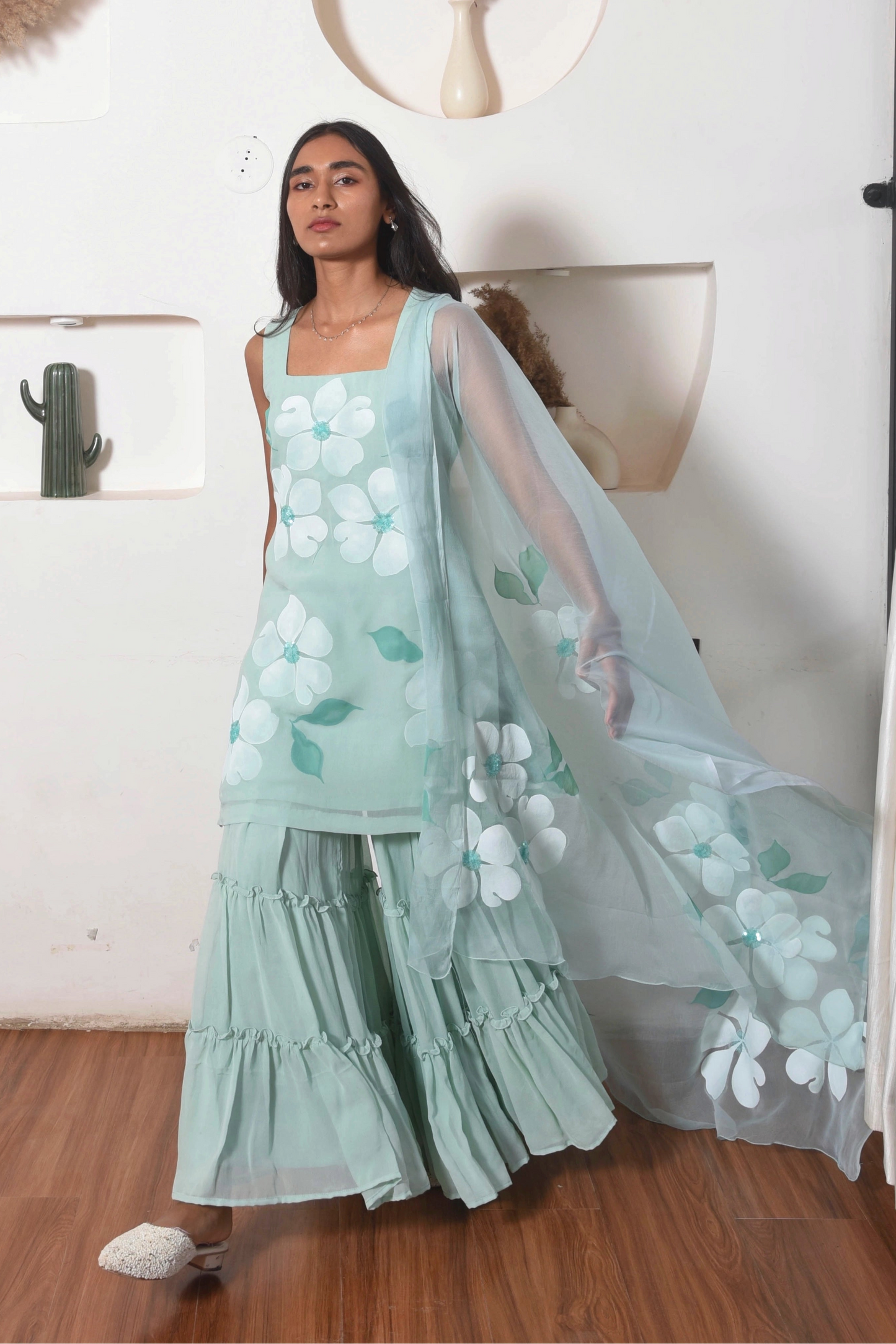 Handpainted Flora Georgette Sharara Set in Teal