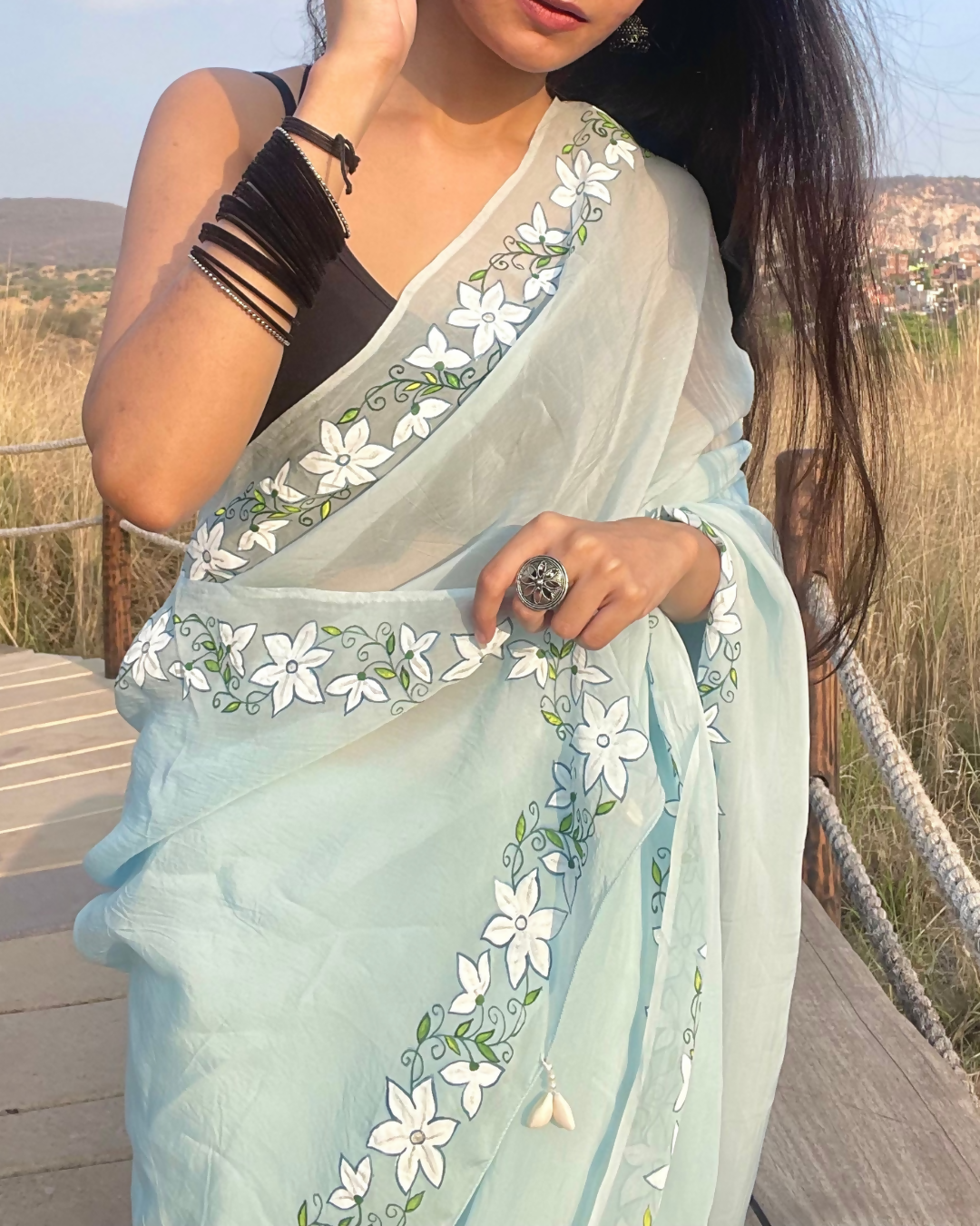 celeste 'champa' hand-painted saree (2)