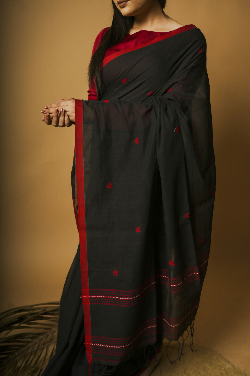 Nocturne I Black Cotton Saree With Red Heart Motifs