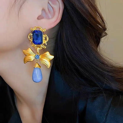 Gold Bow Indigo Earrings