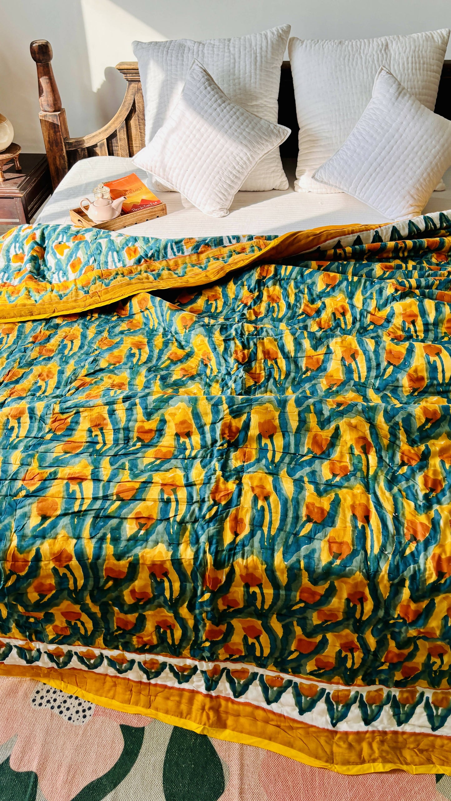 Yellow Tulip Block Print Reversible Quilt