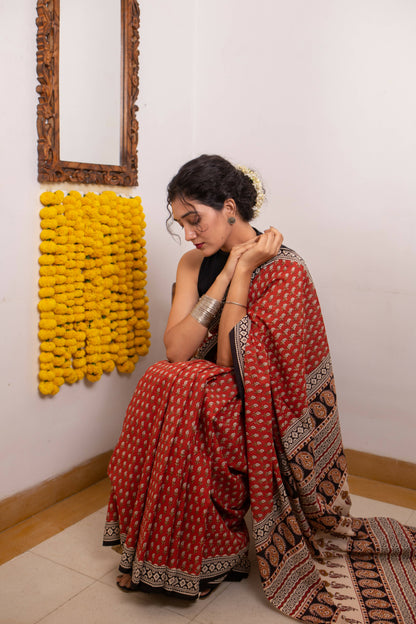 Ruby Red - Hand Block Print Mulmul Cotton Bagru Saree