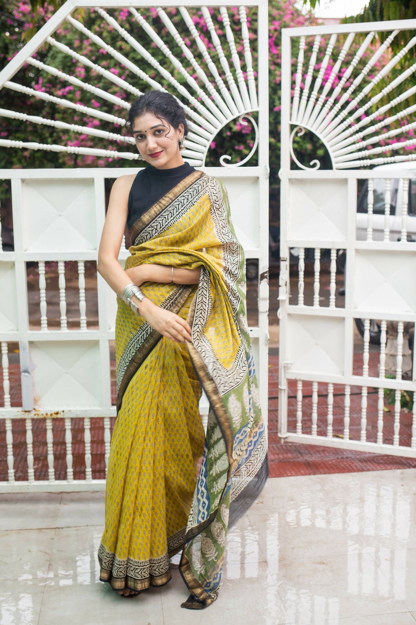 Lime Road - Yellow Hand Block Print Maheshwari Silk Saree