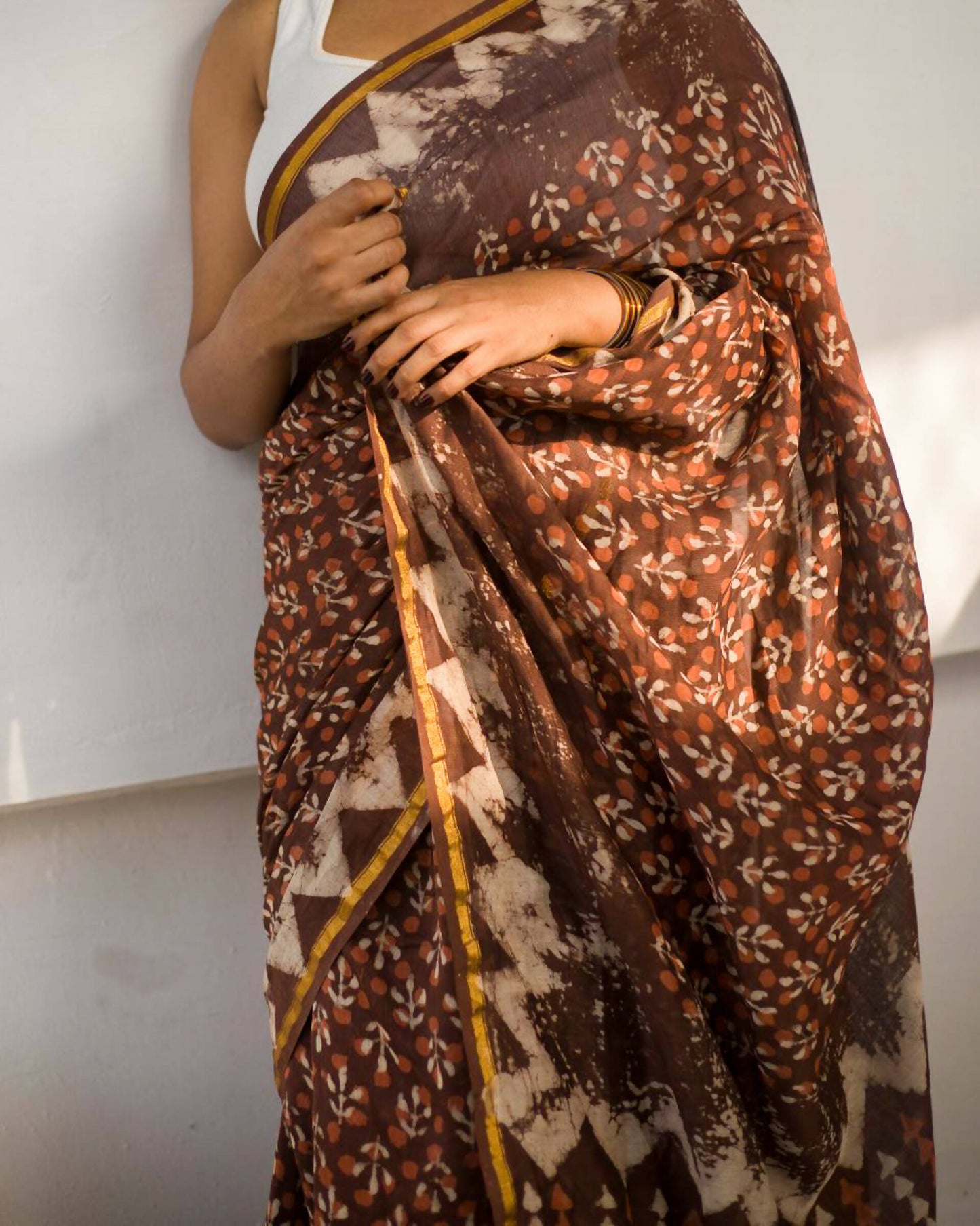 Cocoa Blossom - Hand Block Print Chanderi Silk Bagru Saree