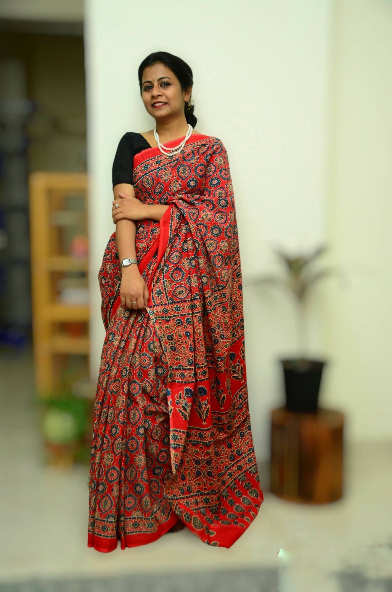 Classical Beauty - Red Ajrakh - Cotton Mulmul Handlock Saree