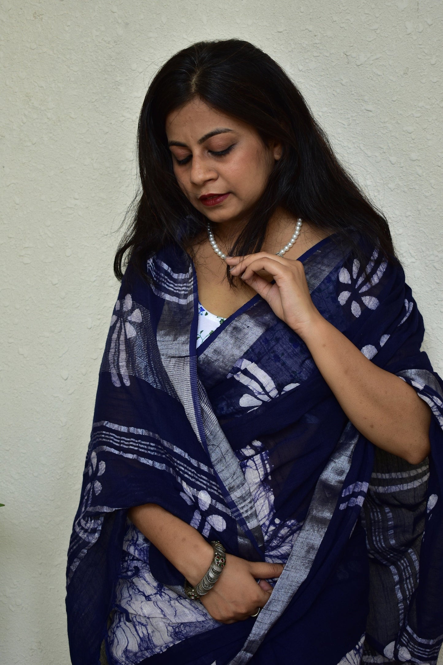 Indigofera Enchatment Handblock Print Natural Dyed Linen Cotton Saree