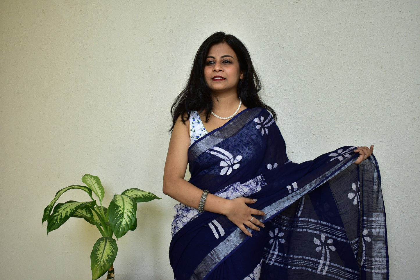 Indigofera Enchatment Handblock Print Natural Dyed Linen Cotton Saree