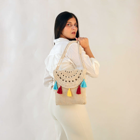 The Tasseled crochet Beach sling Bag