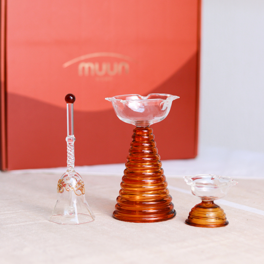 Glass Diwali Gift Box - Tall Diya + Short Diya + Bell