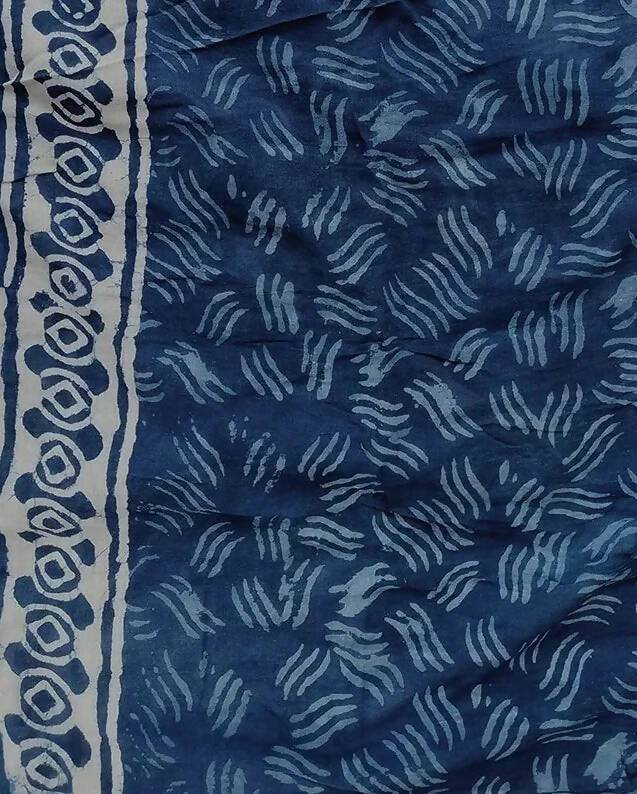 Indigo Bouquet - Dabu Hand Block Print Mulmul Cotton Bagru Saree