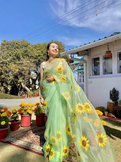 Mint Sunflower Handpainted Organza Saree